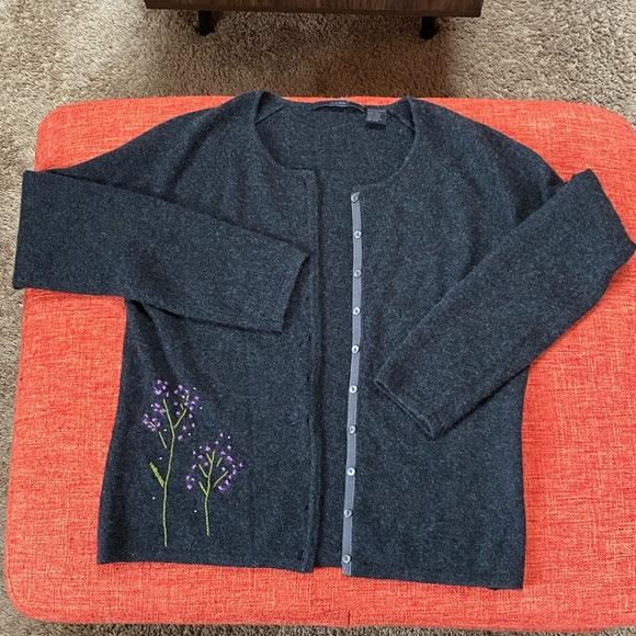 VTG 90s Easel Grey 100% Cashmere Sweater Cardigan Embroidery Flower Design - Picture 2 of 8